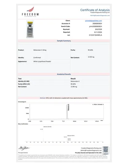 Certificate of Analysis — Melanotan II 10mg, Freedom Diagnostics, lot 012537484MELA, 99.60% purity