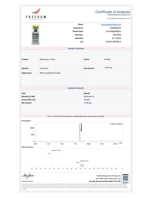 Certificate of Analysis — Melanotan II 10mg, Freedom Diagnostics, lot 012537484MELA, 99.60% purity