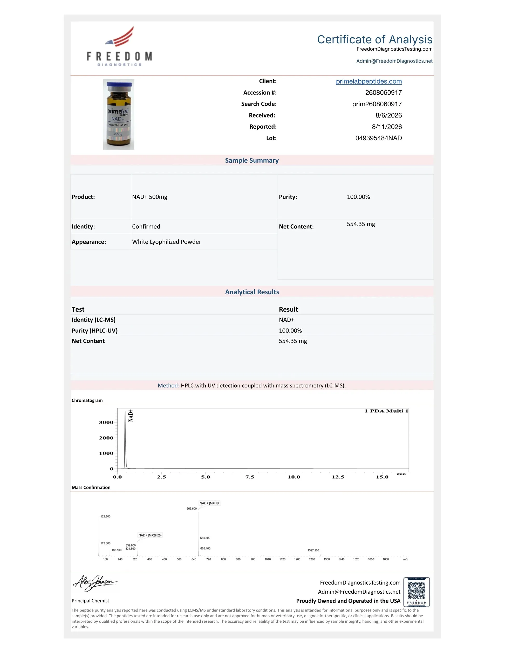 Certificate of Analysis — NAD+ 500mg, Freedom Diagnostics, lot 049395484NAD, 100.00% purity