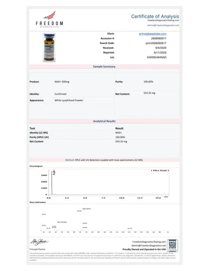 Certificate of Analysis — NAD+ 500mg, Freedom Diagnostics, lot 049395484NAD, 100.00% purity