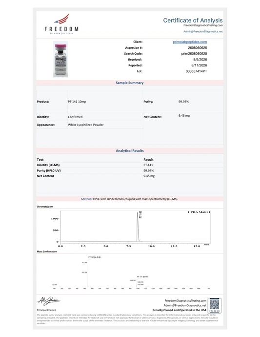 Certificate of Analysis — PT-141 10mg, Freedom Diagnostics, lot 033557414PT, 99.94% purity