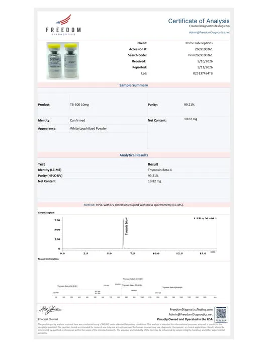 Certificate of Analysis - TB-500 10mg - lot 025137484TB - 99.21% purity - Freedom Diagnostics