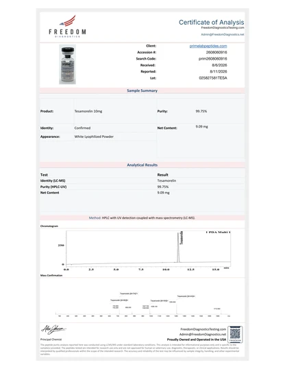 Certificate of Analysis — Tesamorelin 10mg, Freedom Diagnostics, lot 025827581TESA, 99.75% purity