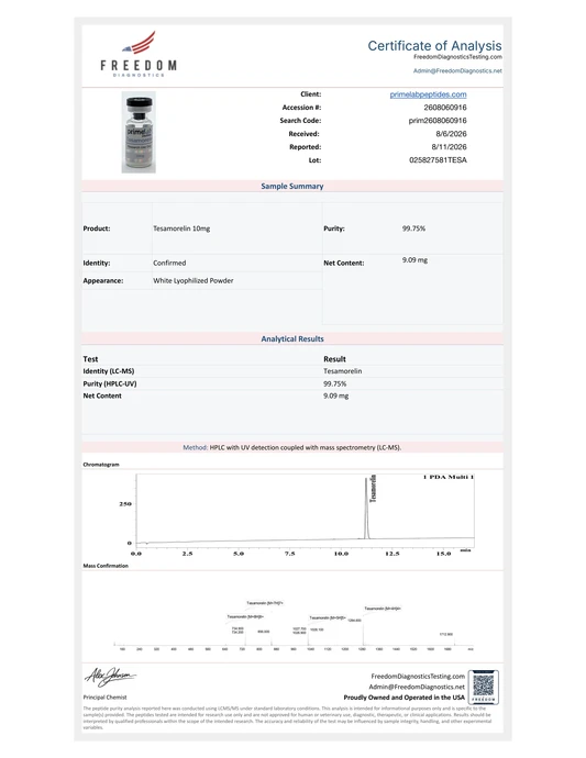 Certificate of Analysis — Tesamorelin 10mg, Freedom Diagnostics, lot 025827581TESA, 99.75% purity