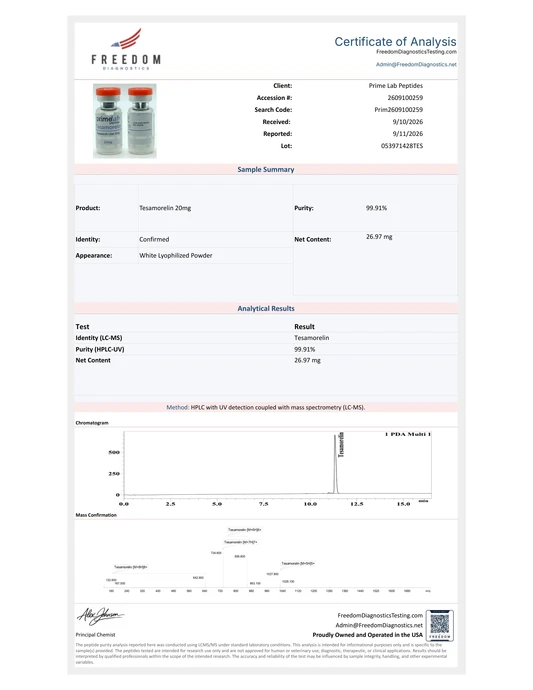 Certificate of Analysis - Tesamorelin 20mg - lot 053971428TES - 99.91% purity - Freedom Diagnostics