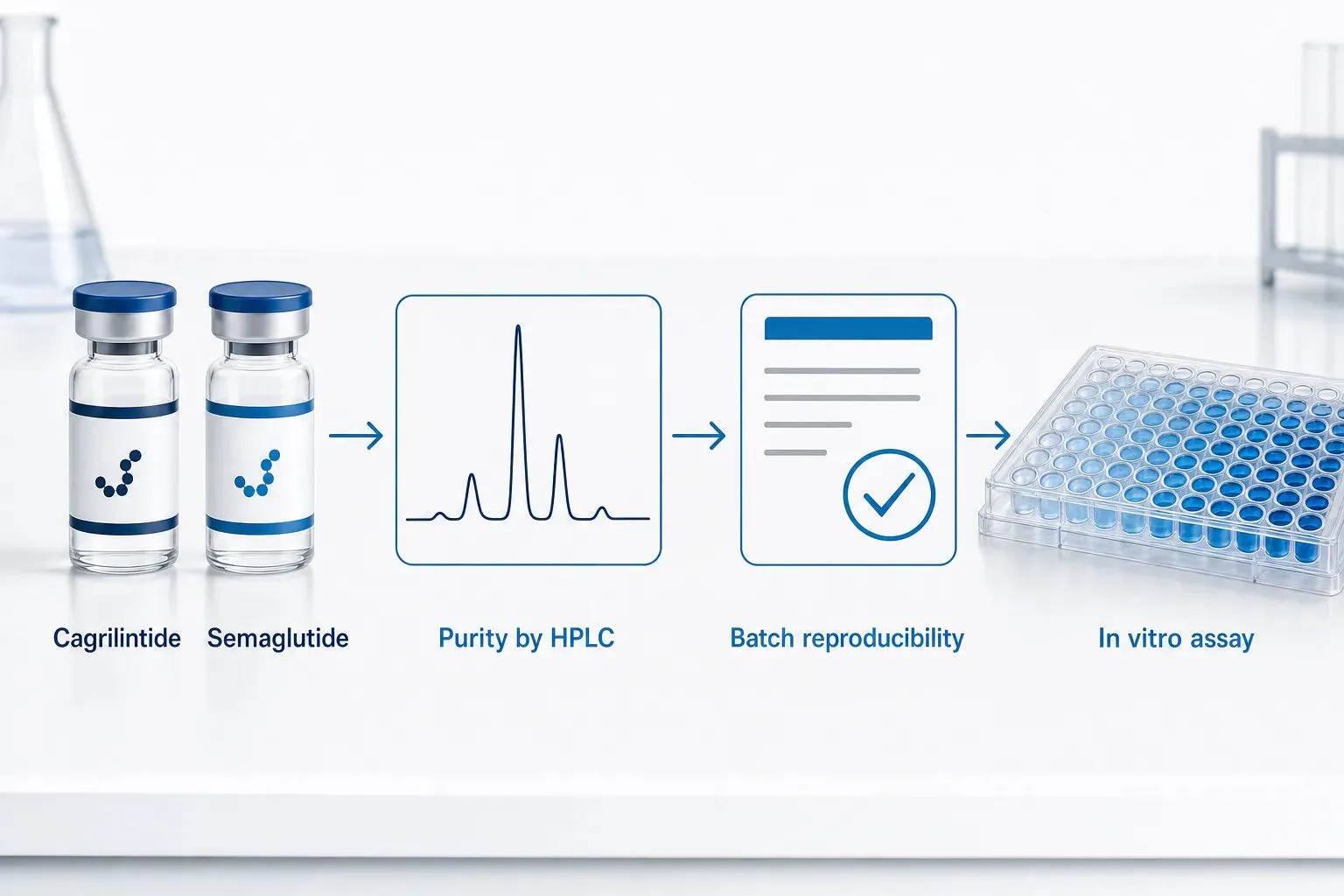 Sourcing Cagrilintide and Semaglutide for Research — diagram: Cagrilintide, Semaglutide, Purity by HPLC, Batch reproducibilit