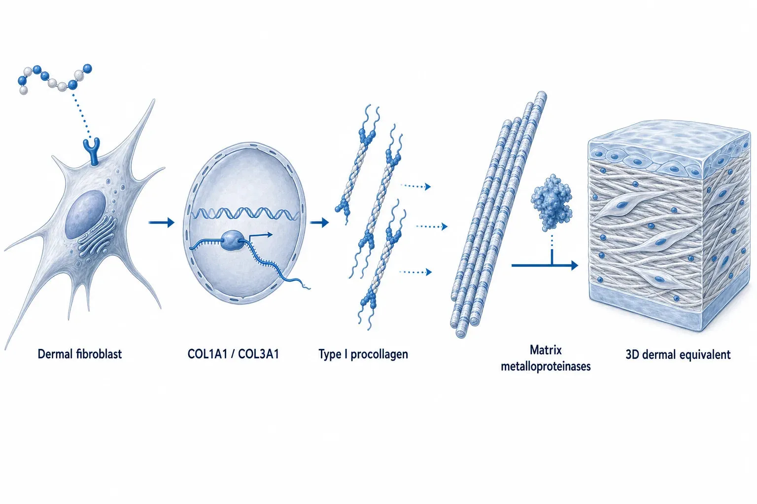Which Peptide in Glow Actually Builds Collagen — diagram: Dermal fibroblast, COL1A1 / COL3A1, Type I procollagen, Matrix meta