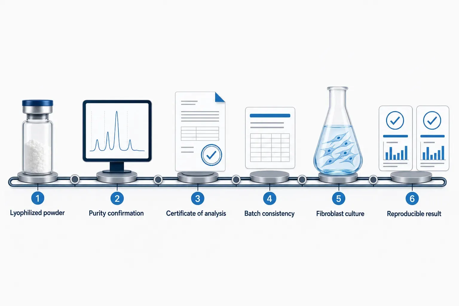 Sourcing Glow for Collagen Work: What to Verify — diagram: Lyophilized powder, Purity confirmation, Certificate of analysis,